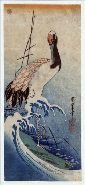 150の主題の芸術作品 Painting - 波の中の鶴 1835年 歌川広重 日本人